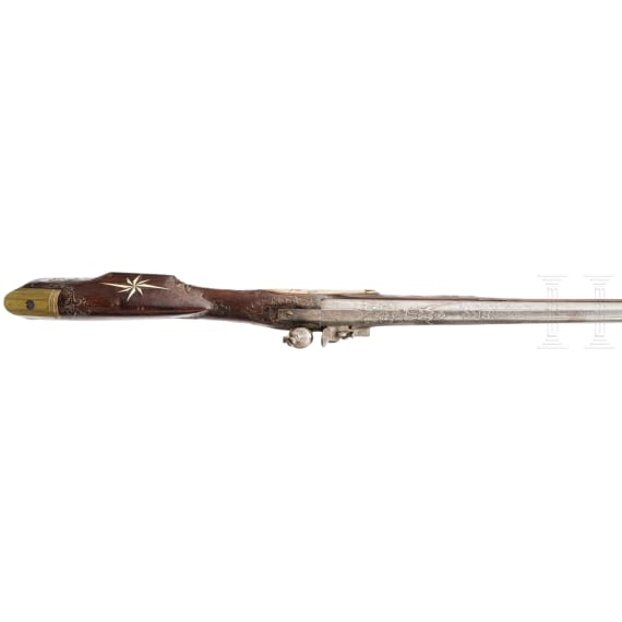 A Dutch flintlock shotgun with earlier engraved barrel by Johann Jakob Behr in Maastricht, circa 1760