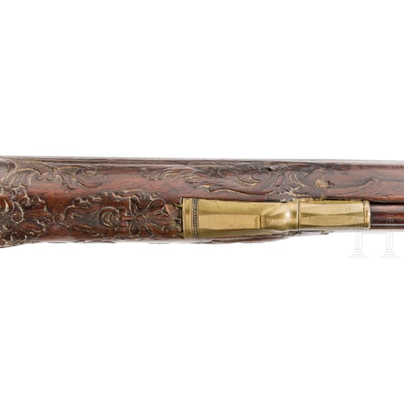 A Dutch flintlock shotgun with earlier engraved barrel by Johann Jakob Behr in Maastricht, circa 1760