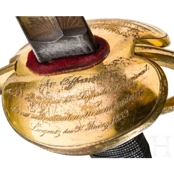 An old-style sword for Prussian infantry officers as an officer's gift, dated 1853