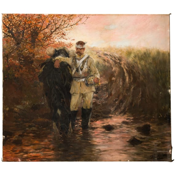 Theodor Rocholl (1854 - 1933), Wounded cuirassier in the sunset, dated 1908