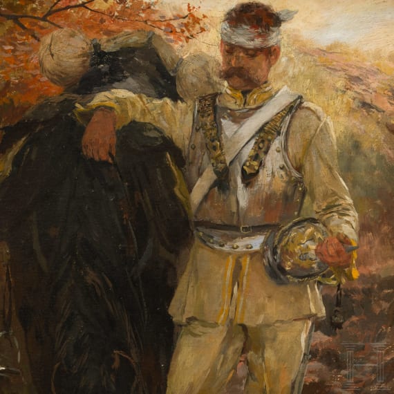 Theodor Rocholl (1854 - 1933), Wounded cuirassier in the sunset, dated 1908
