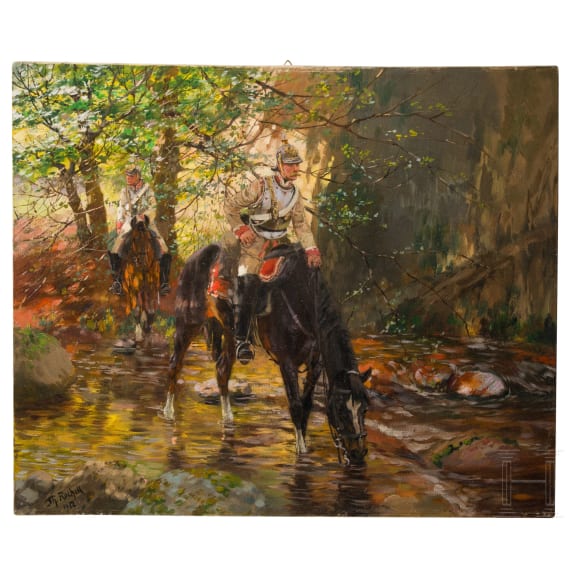 Theodor Rocholl (1854 - 1933), Prussian cuirassier in the forest, dated 1912