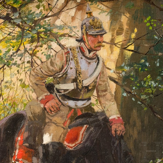 Theodor Rocholl (1854 - 1933), Prussian cuirassier in the forest, dated 1912