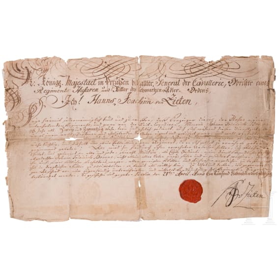 General der preu&szlig;ischen Kavallerie Hans Joachim von Zieten - Autograph, datiert 1780
