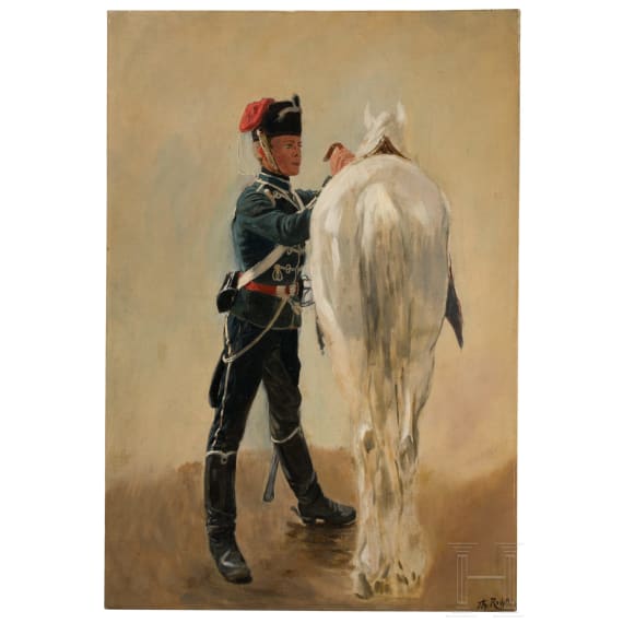 Theodor Rocholl (1854 - 1933) - Preu&szlig;ischer Husar sattelt seinen Schimmel, um 1900