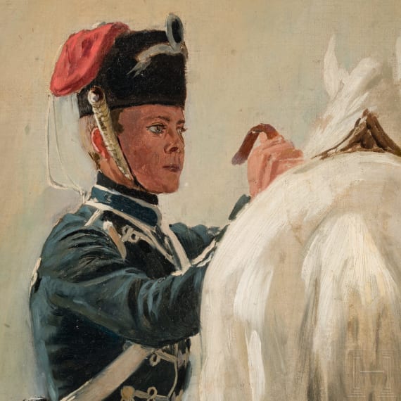 Theodor Rocholl (1854 - 1933) - Preu&szlig;ischer Husar sattelt seinen Schimmel, um 1900