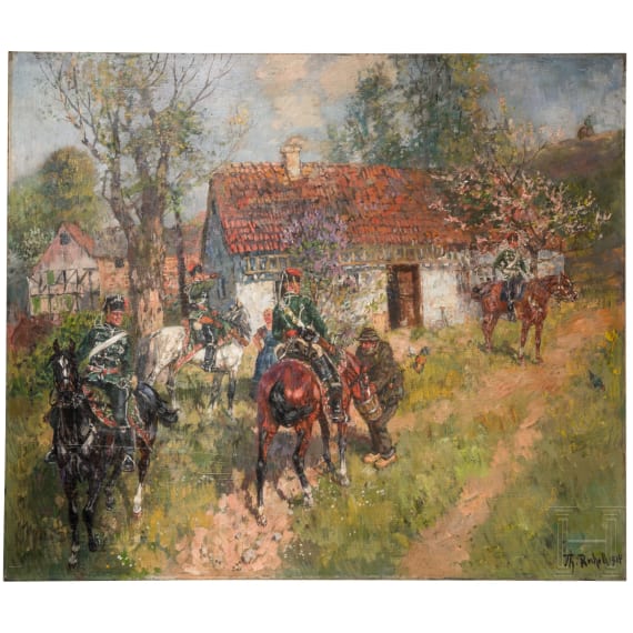 Theodor Rocholl (1854 - 1933), Preu&szlig;ische Husaren bei der Rast in einem Dorf, datiert 1924