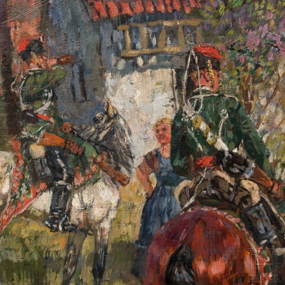 Theodor Rocholl (1854 - 1933), Preu&szlig;ische Husaren bei der Rast in einem Dorf, datiert 1924