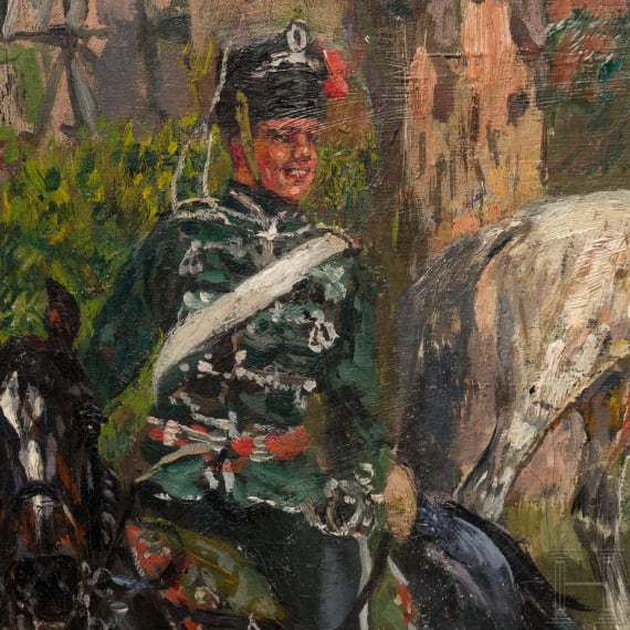 Theodor Rocholl (1854 - 1933), Preu&szlig;ische Husaren bei der Rast in einem Dorf, datiert 1924