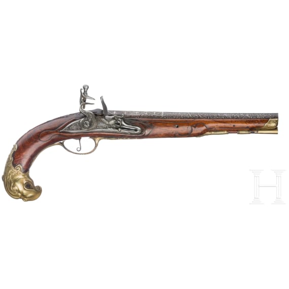 A fine Carlsbad flintlock pistol with bird's head stock, circa 1760