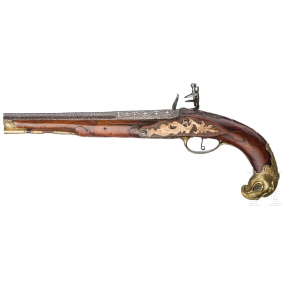 A fine Carlsbad flintlock pistol with bird's head stock, circa 1760