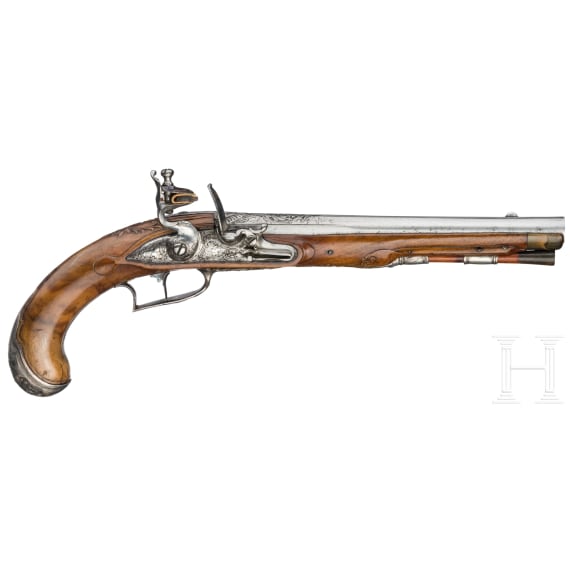 A fine silver mounted flintlock pistol by I.H. Rasch in Brunswick, ca. 1760