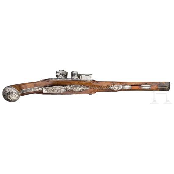 A fine silver mounted flintlock pistol by I.H. Rasch in Brunswick, ca. 1760