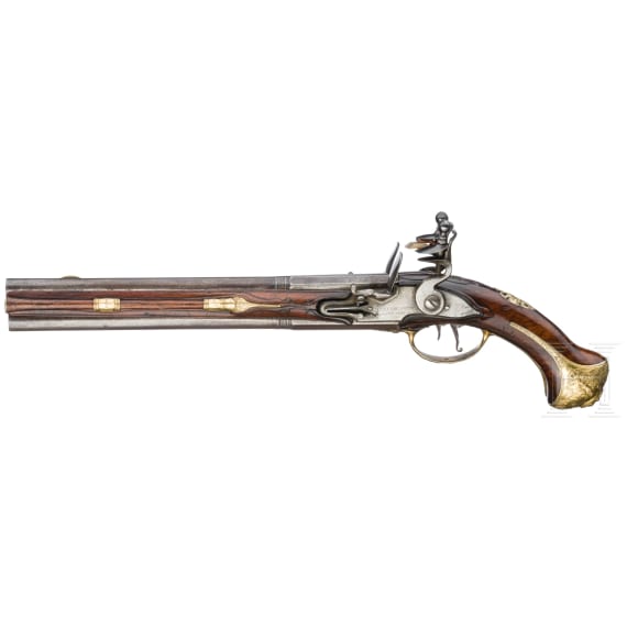 An over-and-under flintlock pistol by Wilhelm Lindenschmitt in Mainz, ca. 1770