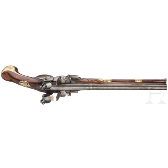 An over-and-under flintlock pistol by Wilhelm Lindenschmitt in Mainz, ca. 1770