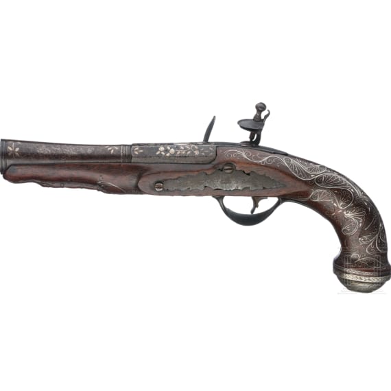 A pair of Italian flintlock blunderbuss pistols with silver inlays, circa 1780