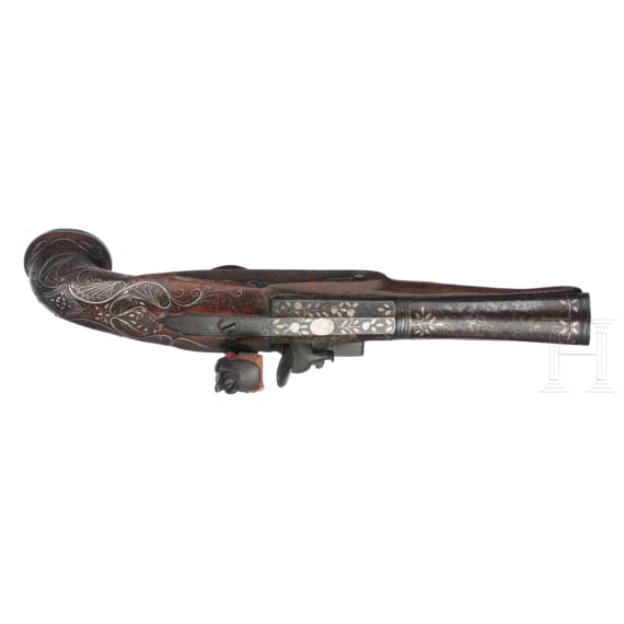 A pair of Italian flintlock blunderbuss pistols with silver inlays, circa 1780