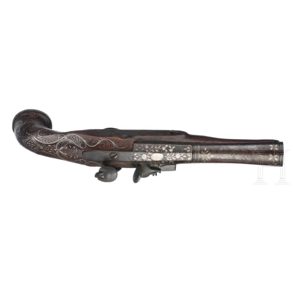A pair of Italian flintlock blunderbuss pistols with silver inlays, circa 1780