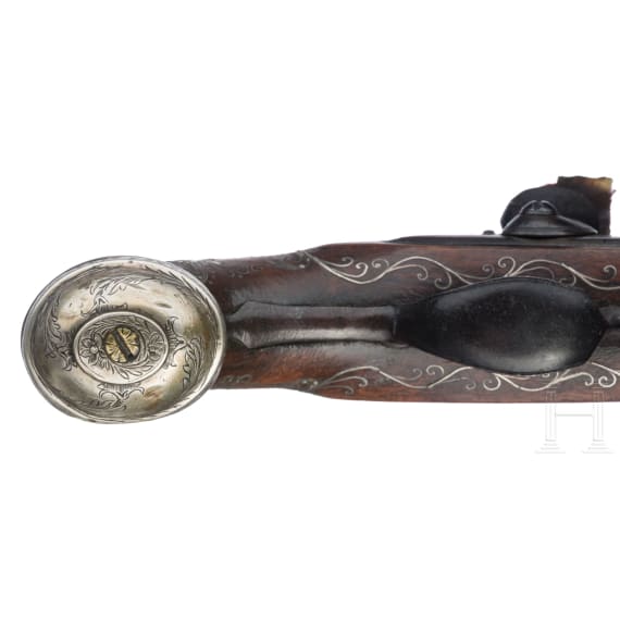 A pair of Italian flintlock blunderbuss pistols with silver inlays, circa 1780