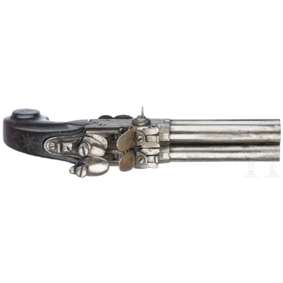 A Belgian four-barreled boxlock pistol, circa 1800