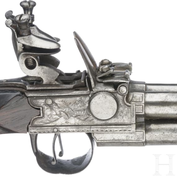A Belgian four-barreled boxlock pistol, circa 1800