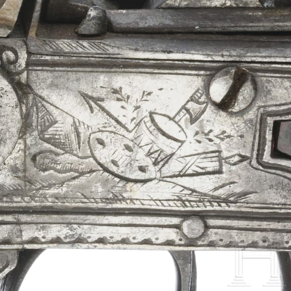 A Belgian four-barreled boxlock pistol, circa 1800