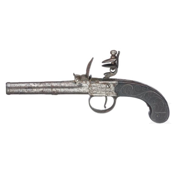 A pair of flintlock pocket pistols in a case, Archer in London, circa 1800
