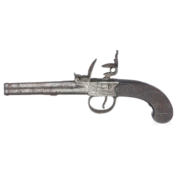 A pair of flintlock pocket pistols in a case, Archer in London, circa 1800