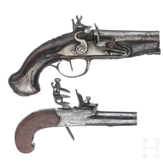 A flintlock travelling pistol and a flintlock pocket pistol, early 19th century