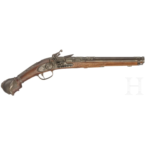 A silver-mounted flintlock pistol in 1760-style, late 20th century