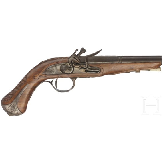 A silver-mounted flintlock pistol in the style of around 1760, end of 20th century