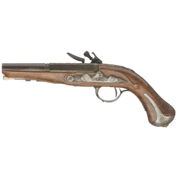 A silver-mounted flintlock pistol in the style of around 1760, end of 20th century