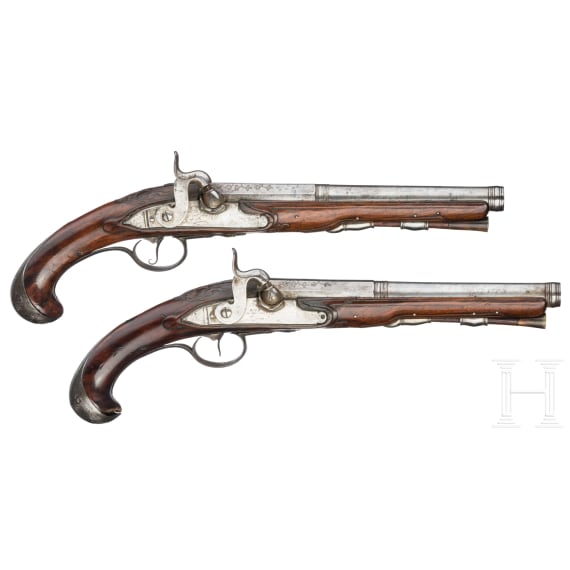 A pair of converted percussion pistols, Mathias Ory in Li&egrave;ge, circa 1770