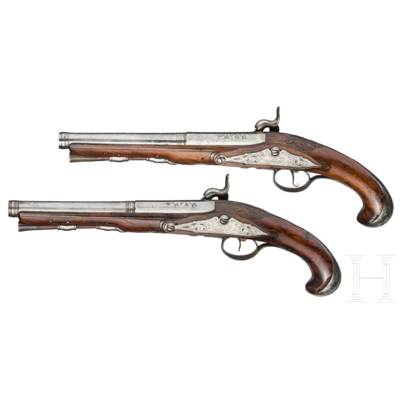 A pair of converted percussion pistols, Mathias Ory in Li&egrave;ge, circa 1770