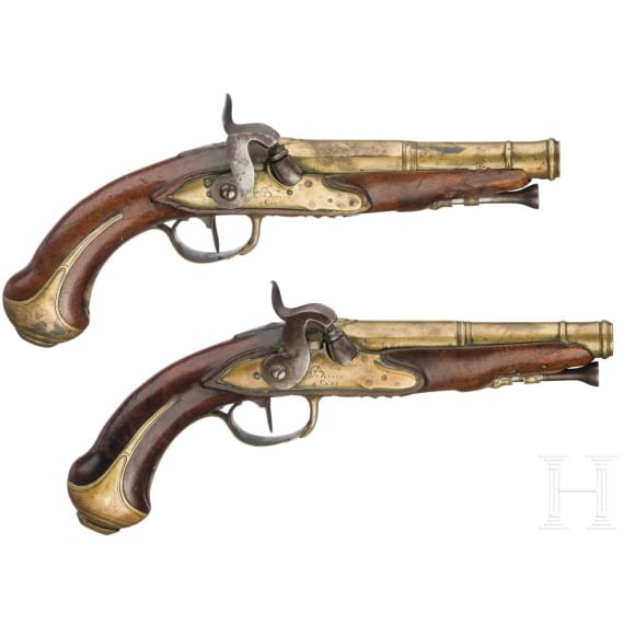 A pair of percussion travel pistols in a case, Brunon in Caen, circa 1780