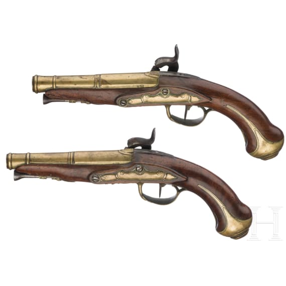 A pair of percussion travel pistols in a case, Brunon in Caen, circa 1780