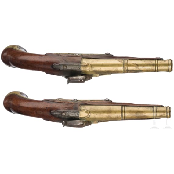 A pair of percussion travel pistols in a case, Brunon in Caen, circa 1780