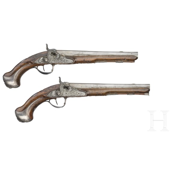 A pair of silver mounted percussion pistols, Antoine Gillier in St. &Eacute;tienne, circa 1790