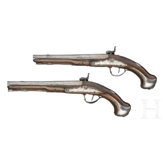 A pair of silver mounted percussion pistols, Antoine Gillier in St. &Eacute;tienne, circa 1790