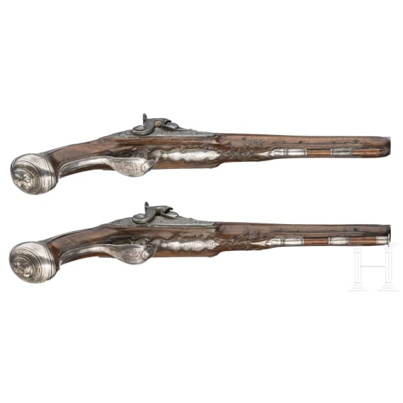 A pair of silver mounted percussion pistols, Antoine Gillier in St. &Eacute;tienne, circa 1790