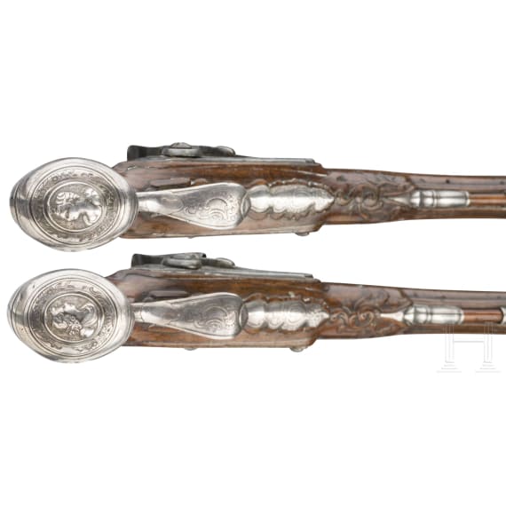 A pair of silver mounted percussion pistols, Antoine Gillier in St. &Eacute;tienne, circa 1790