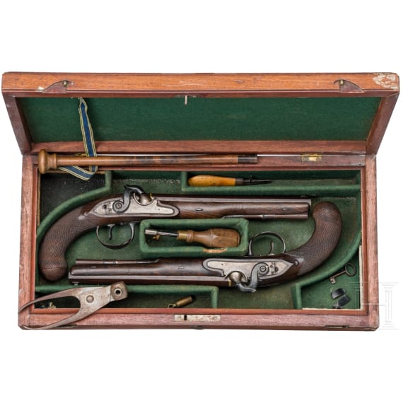 A cased pair of percussion pistols by Barber in Newark (GB), circa 1820