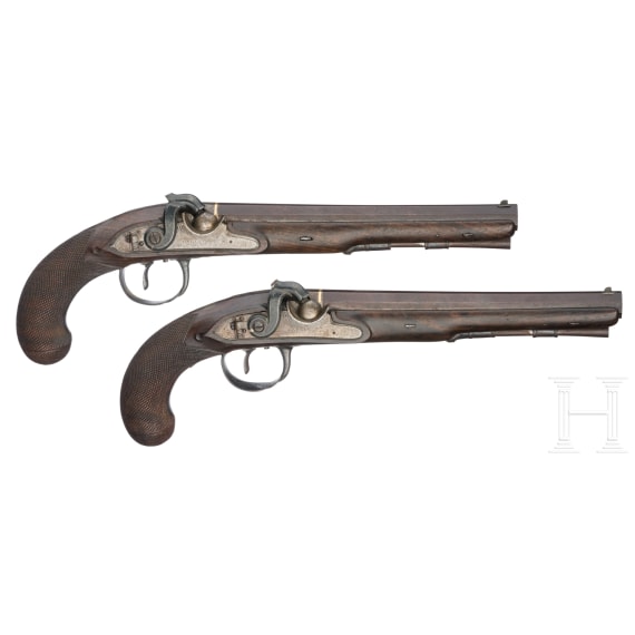 A cased pair of percussion pistols by Barber in Newark (GB), circa 1820