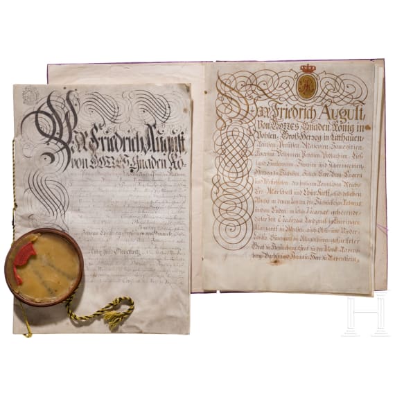 K&ouml;nig August III. von Polen, Kurf&uuml;rst von Sachsen - Adelsdiplom und Besitz&uuml;bertragung f&uuml;r Johann Christian von Hennicke, datiert 1741 und 1744