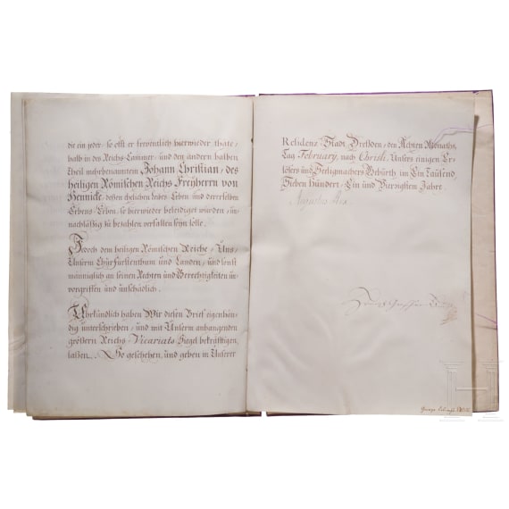K&ouml;nig August III. von Polen, Kurf&uuml;rst von Sachsen - Adelsdiplom und Besitz&uuml;bertragung f&uuml;r Johann Christian von Hennicke, datiert 1741 und 1744