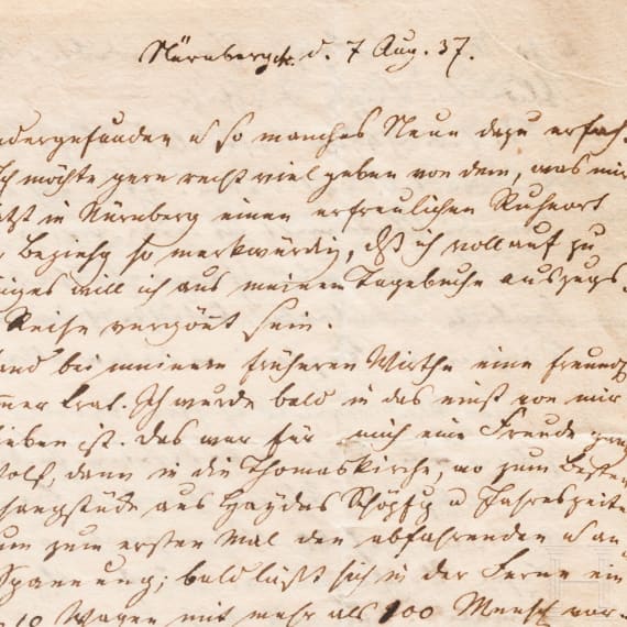 Historisch bedeutender Brief &uuml;ber eine Reise mit Eisenbahn 1837 von Leipzig &uuml;ber N&uuml;rnberg nach Basel