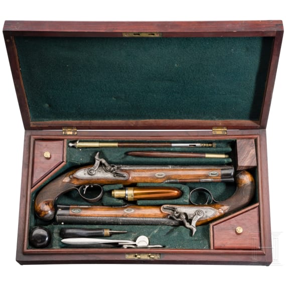 Ein Paar Perkussionspistolen im Kasten, Friedrich August Schossig in Hamburg, um 1830