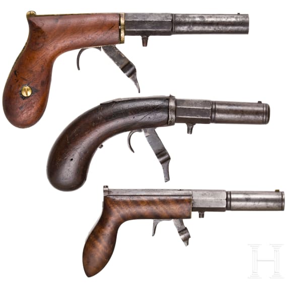 Drei Unterhammer-Perkussionspistolen, Amerika, um 1840