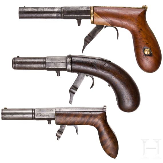 Drei Unterhammer-Perkussionspistolen, Amerika, um 1840