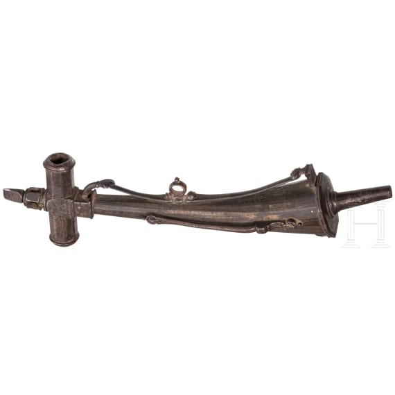 A German iron priming powder flask with wheellock wrench, circa 1600